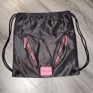 Victoria Secret Black Netted w/Pink Details Soft Drawstring Backpack